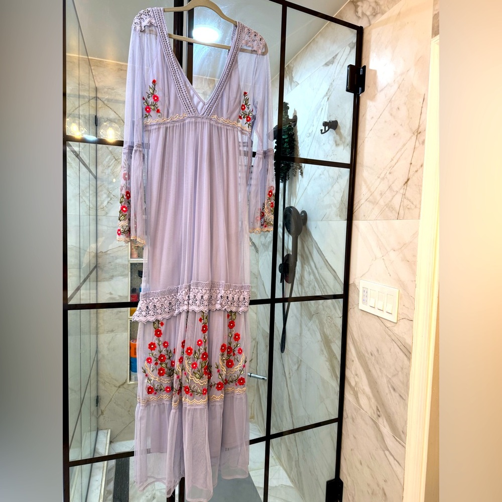 WILLOW & CLAY Floral Lace Border Print Long Sleeve Maxi Dress - Blue Size 12